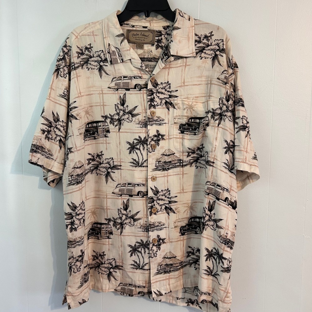 Palm Island Mens Large Hawaiian Shirt Vintage Woody Wagon Car Tropical Cream L